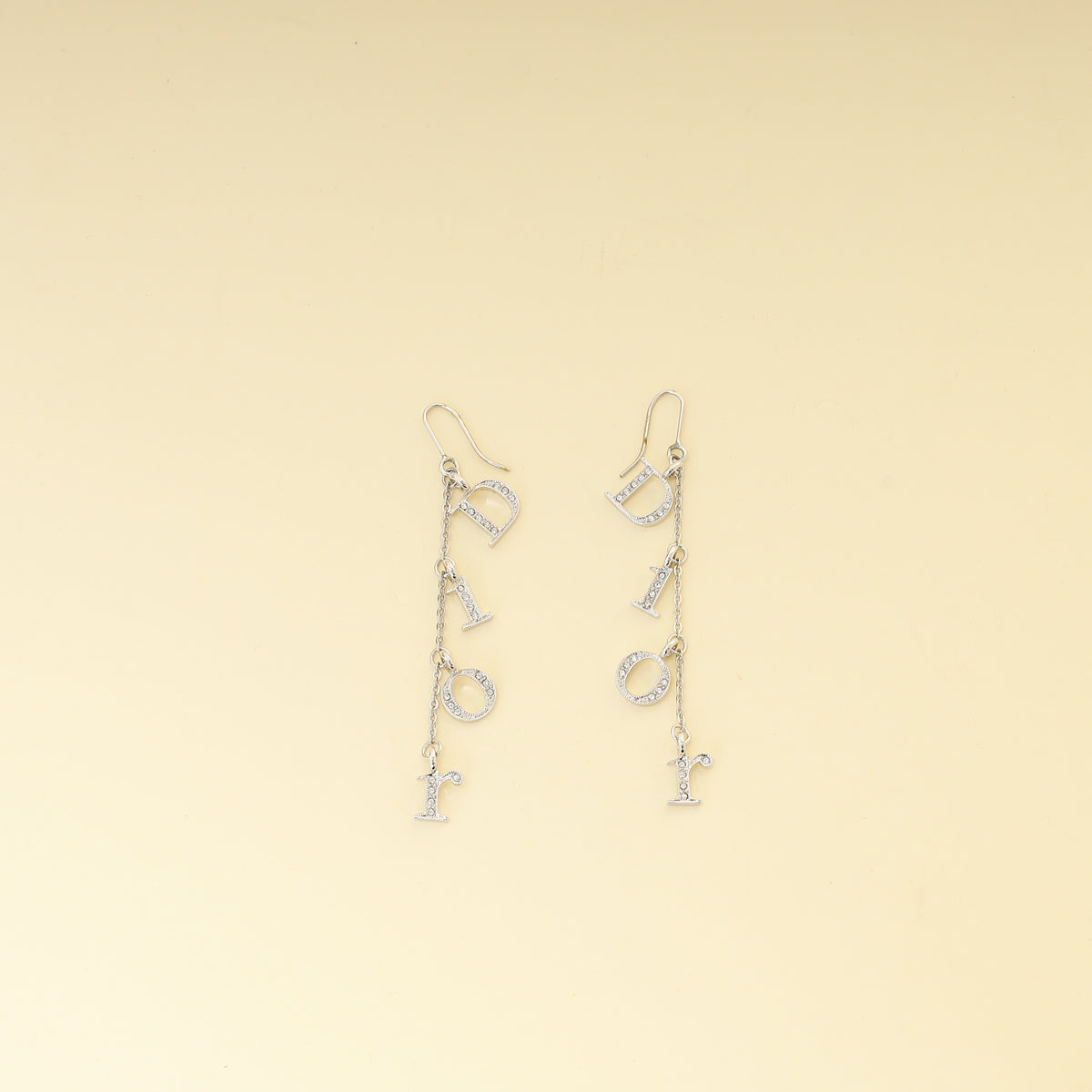 Christian Dior Silver Finish Crystal Logo Letters Dangle Drop Earrings