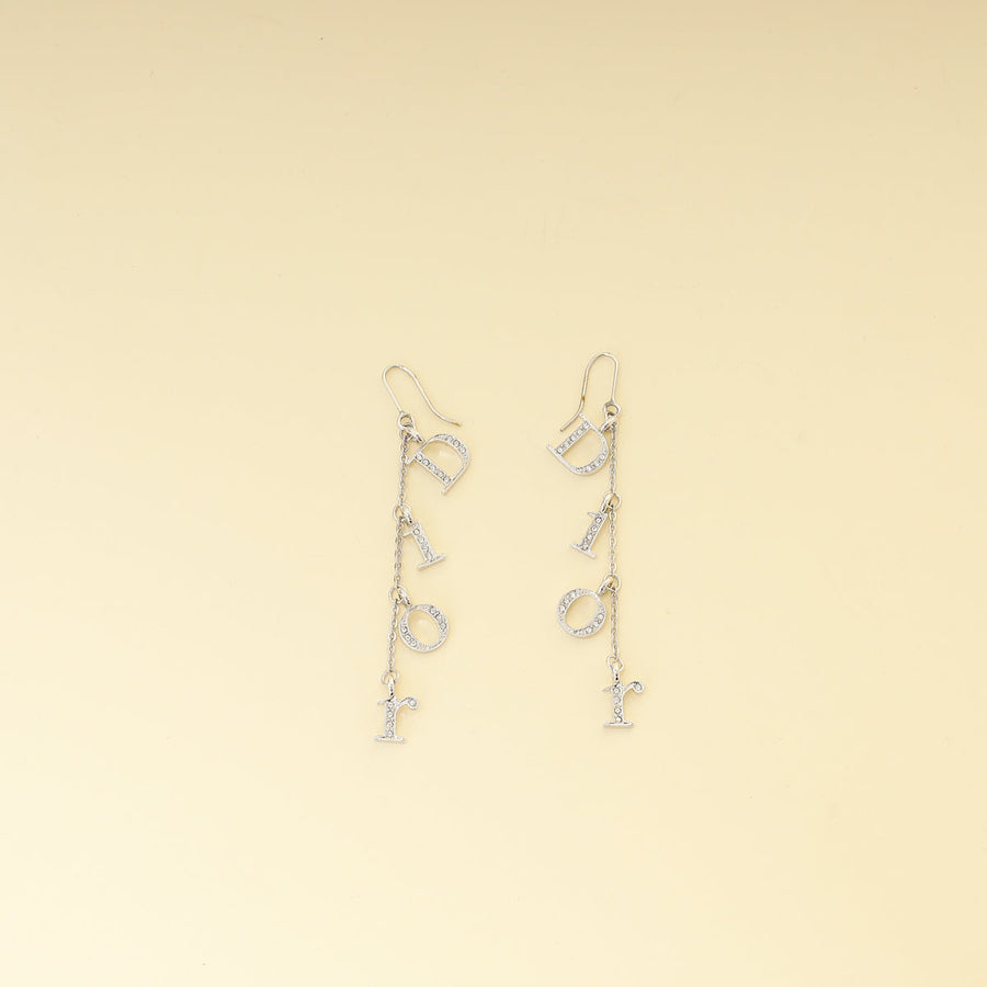 Christian Dior Silver Finish Crystal Logo Letters Dangle Drop Earrings
