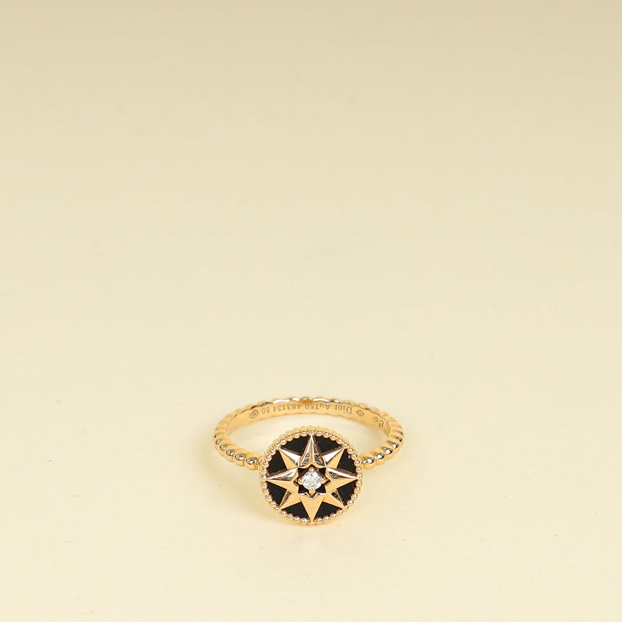 Christian Dior 18K Rose Gold Rose Diamond Onyx Des Vents Ring 50