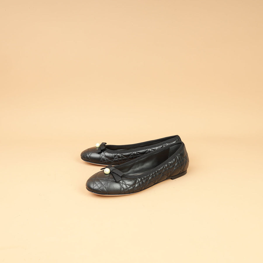 Christian Dior Black Cannage CD Pearl Bow Ballet Flats 38
