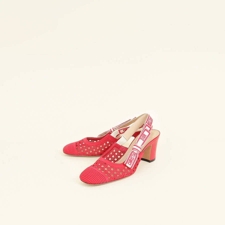 Christian Dior Red Mesh Cannage Dior & Moi Slingback 70mm Pumps 37.5
