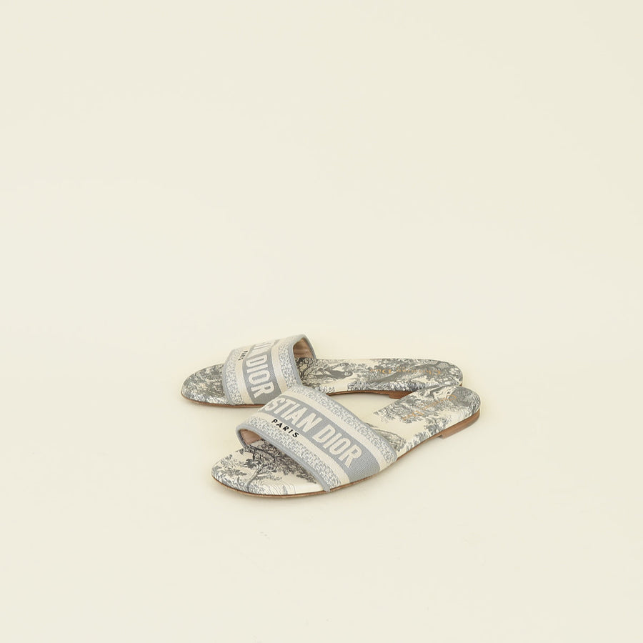 Christian Dior Grey Toile De Jouy Dway Flat Mules 38