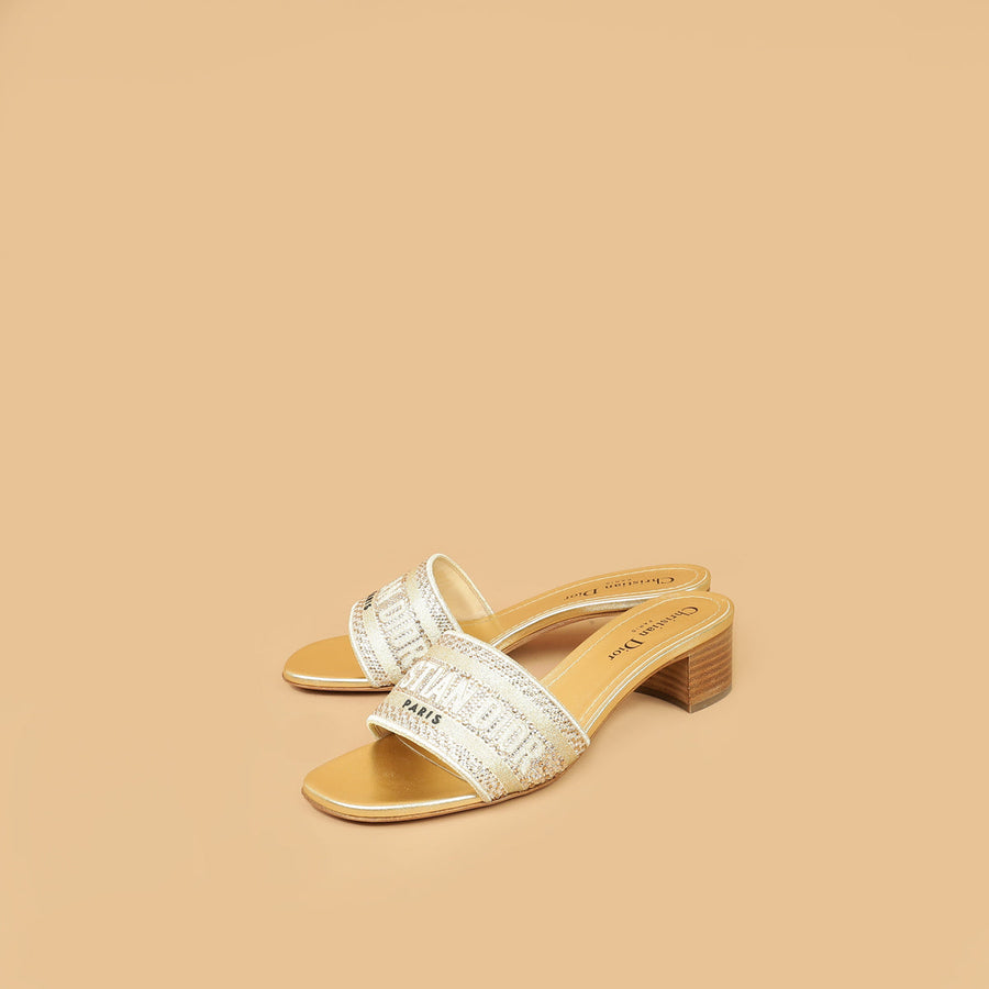 Christian Dior Metallic Gold Strass Dway Heeled Slide Sandals 37.5