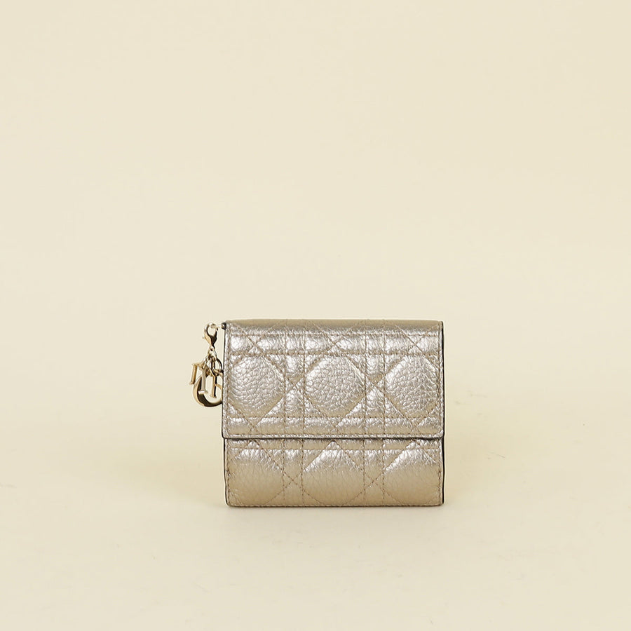 Christian Dior Metallic Champaigne Cannage Lady Dior French Wallet