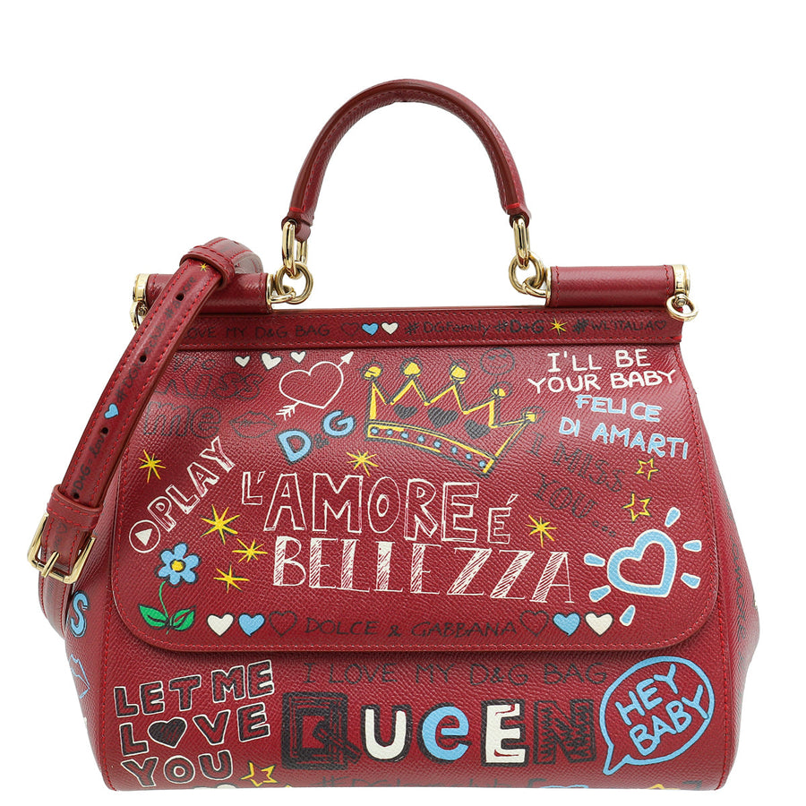 Dolce & Gabbana Burgundy Multicolor Dauphine Sicily Graffiti Print Medium Bag