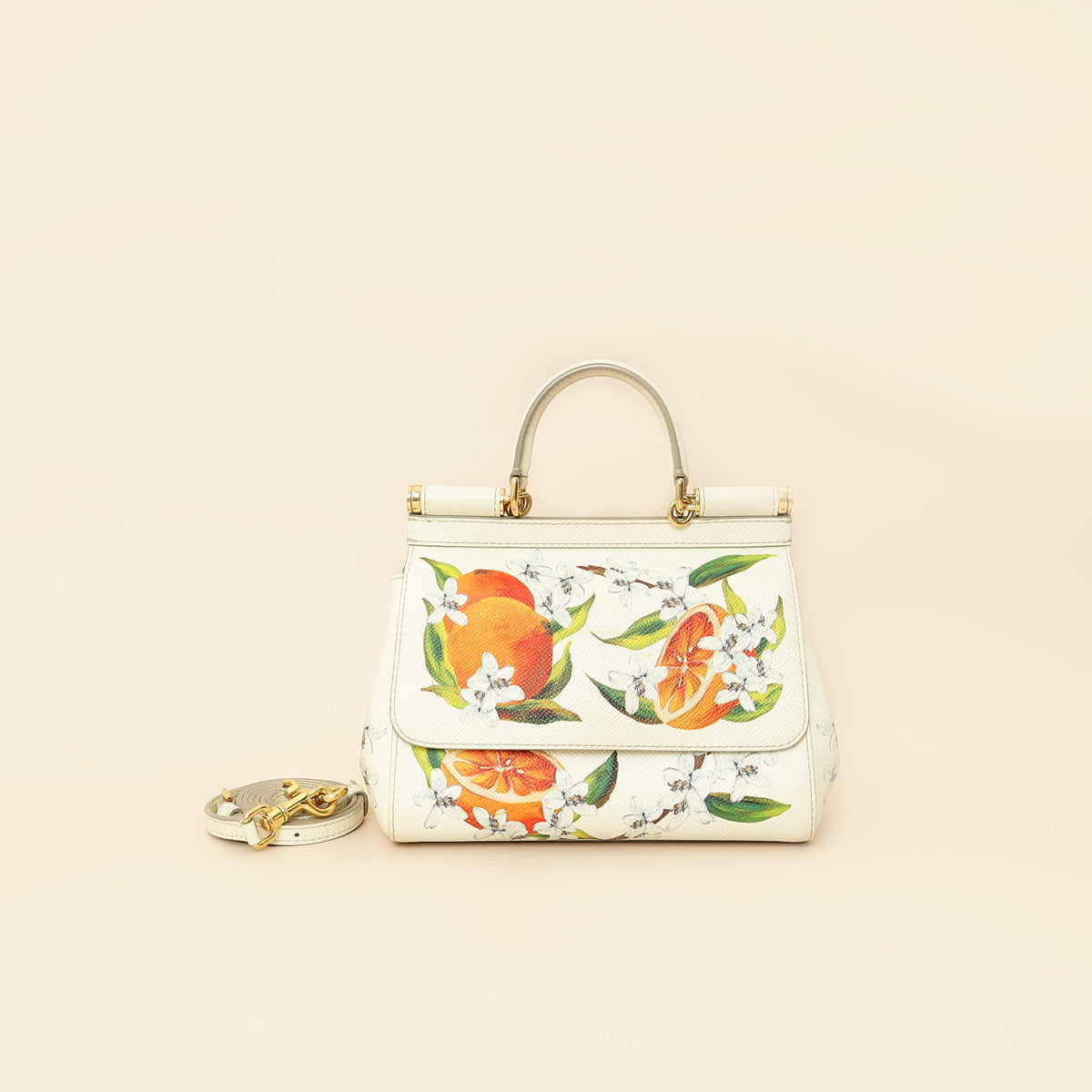 Dolce & Gabbana White Multicolor Flowers Orange Print Miss Sicily Small Bag