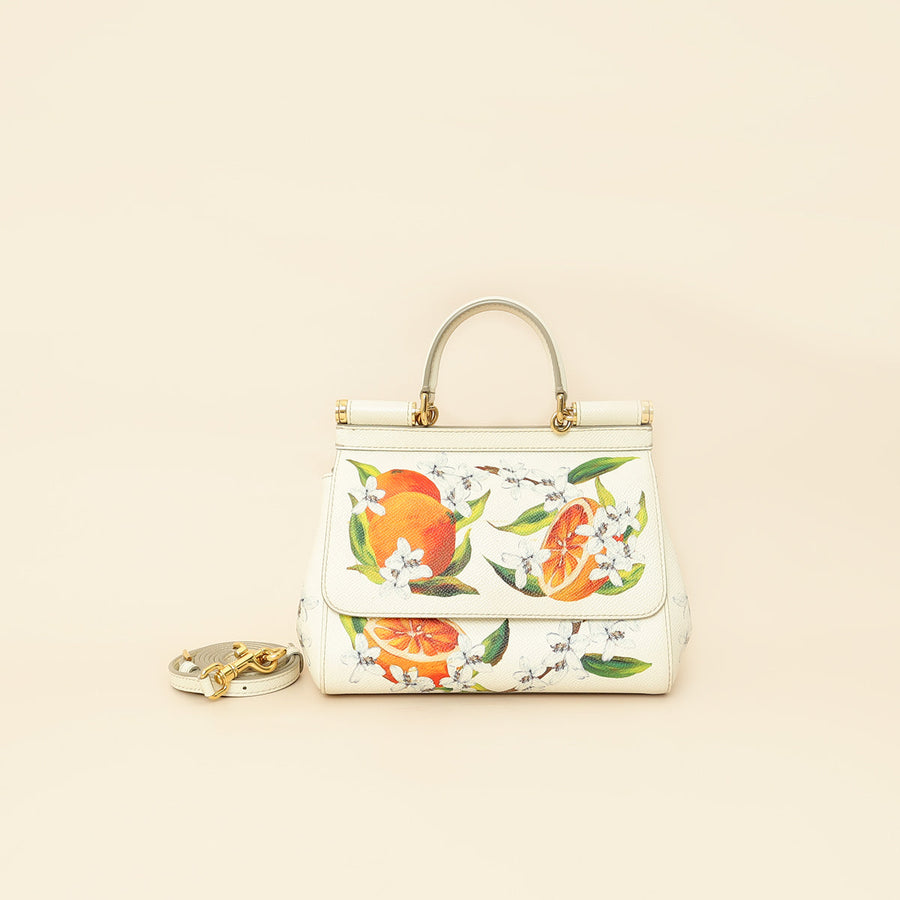 Dolce & Gabbana White Multicolor Flowers Orange Print Miss Sicily Small Bag