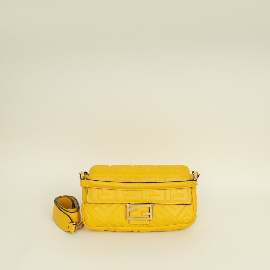 Fendi Yellow FF Embossed Baguette Medium Bag
