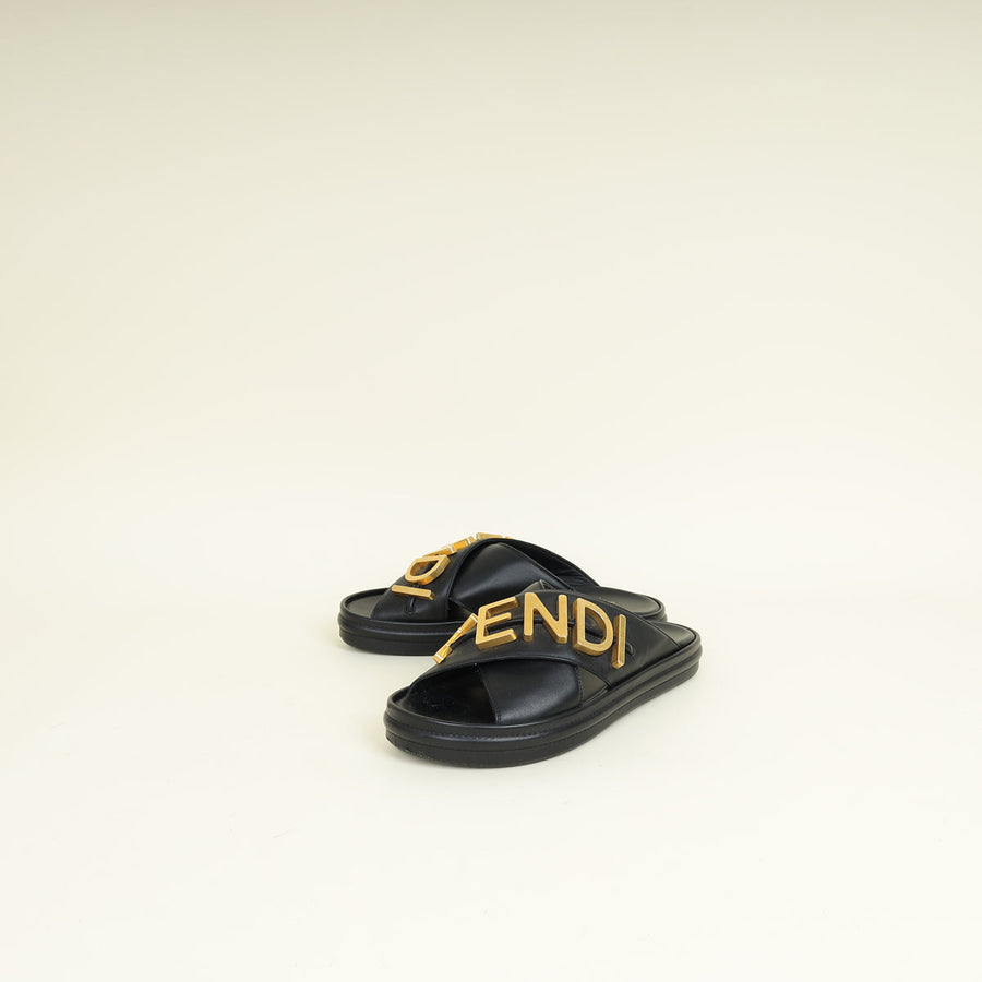 Vitello Black Fendigraphy Slide Sandals 38