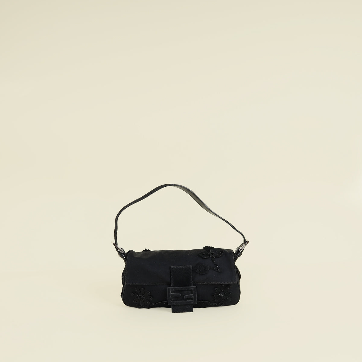 Fendi Black Pony Hair Flower Applique Baguette Bag