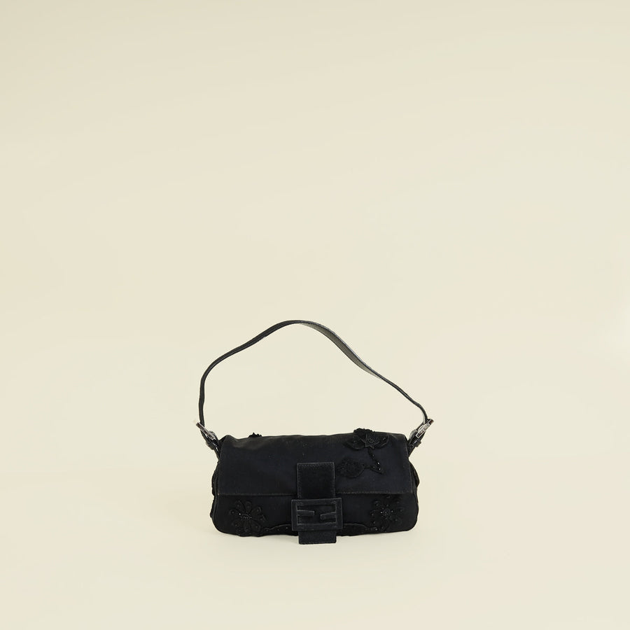 Fendi Black Pony Hair Flower Applique Baguette Bag