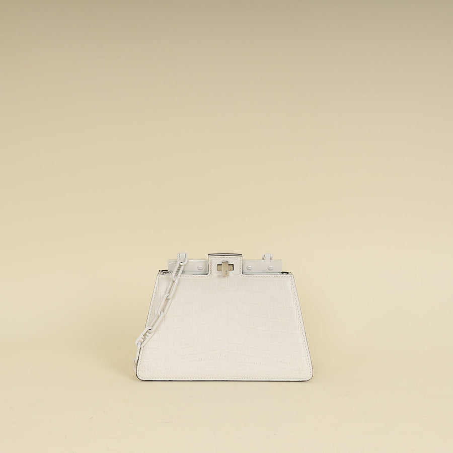Fendi White Matte Crocodile Peekaboo Cut Bag