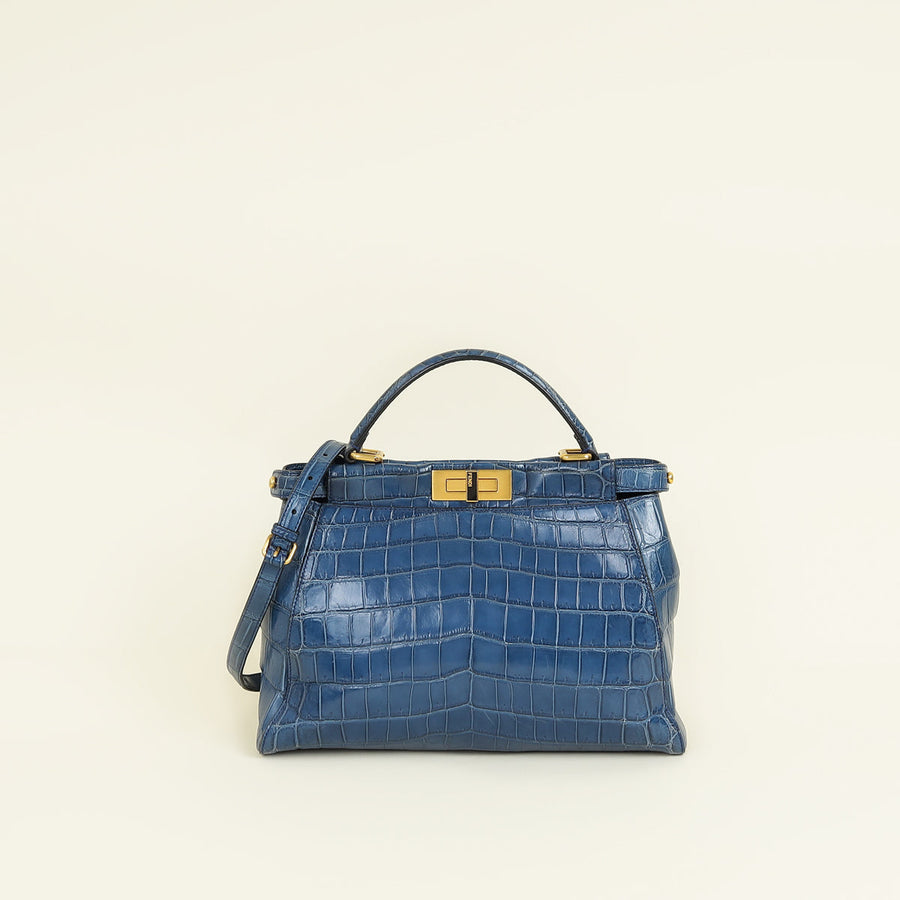 Fendi Blue Shiny Crocodile Peekaboo Regular Bag