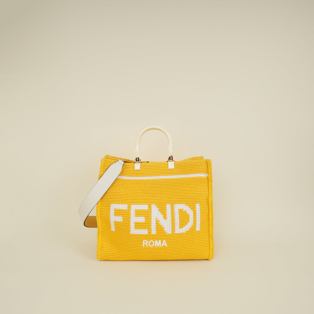 Fendi Mimosa Panna Cotton Crochet Sunshine Shopping Tote Bag