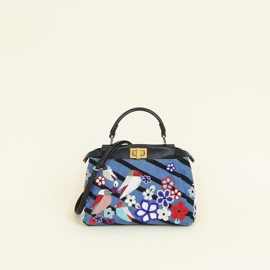 Fendi Blue Denim Bird Beaded Mini Peekaboo Bag