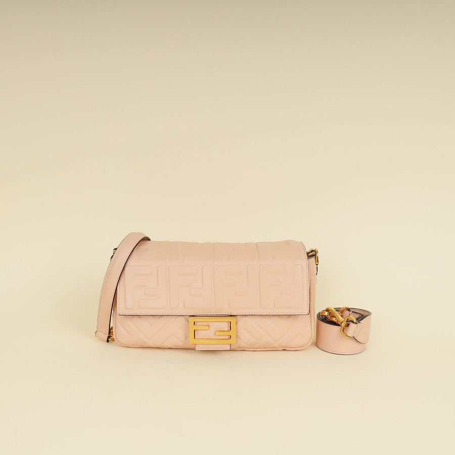 Fendi Peach FF Embossed Baguette Medium Bag