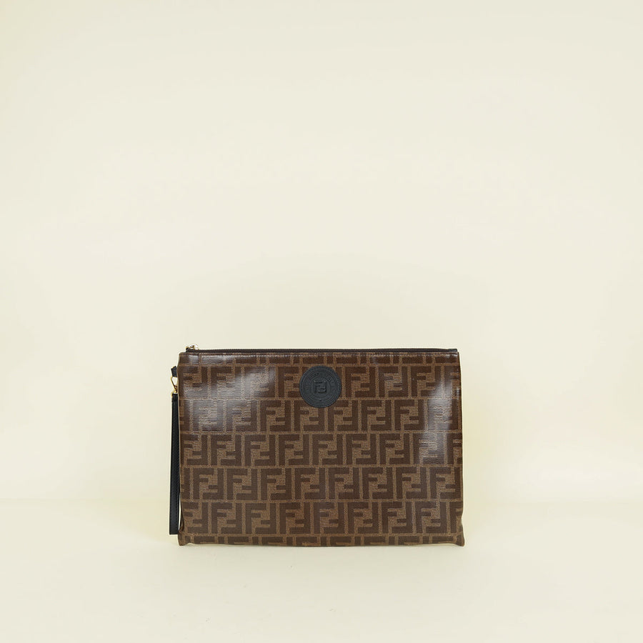Fendi Brown FF Logo Large Flat Wristlet Pouch
