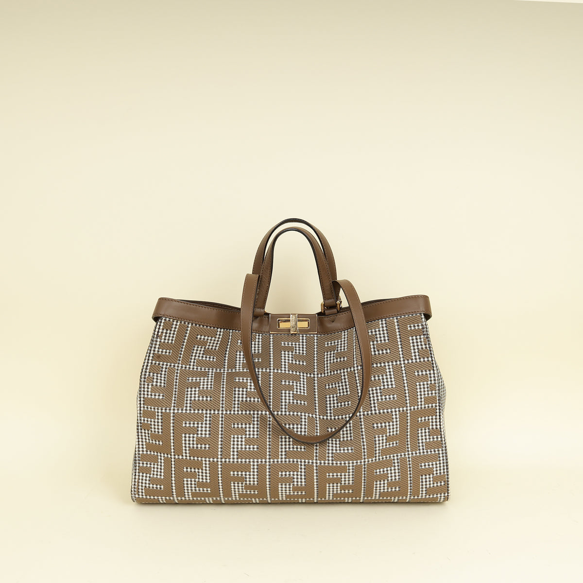 Fendi Brown Houndstooth FF Embroidered Peekaboo X-Tote Medium Bag