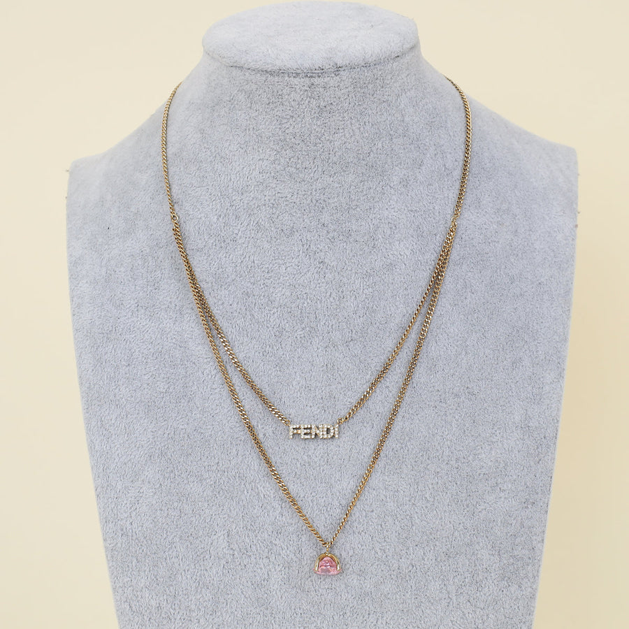 Fendi Gold Finish Logo Crystal Double Layer Necklace