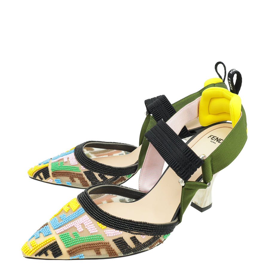 Fendi Multicolor FF Colibri Embroidered Beads Slingback Pump 38