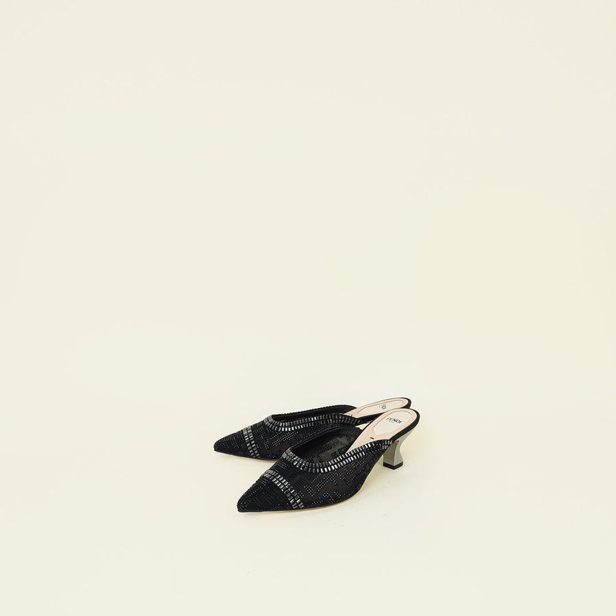 Fendi Black Colibri Crystal Mules 38