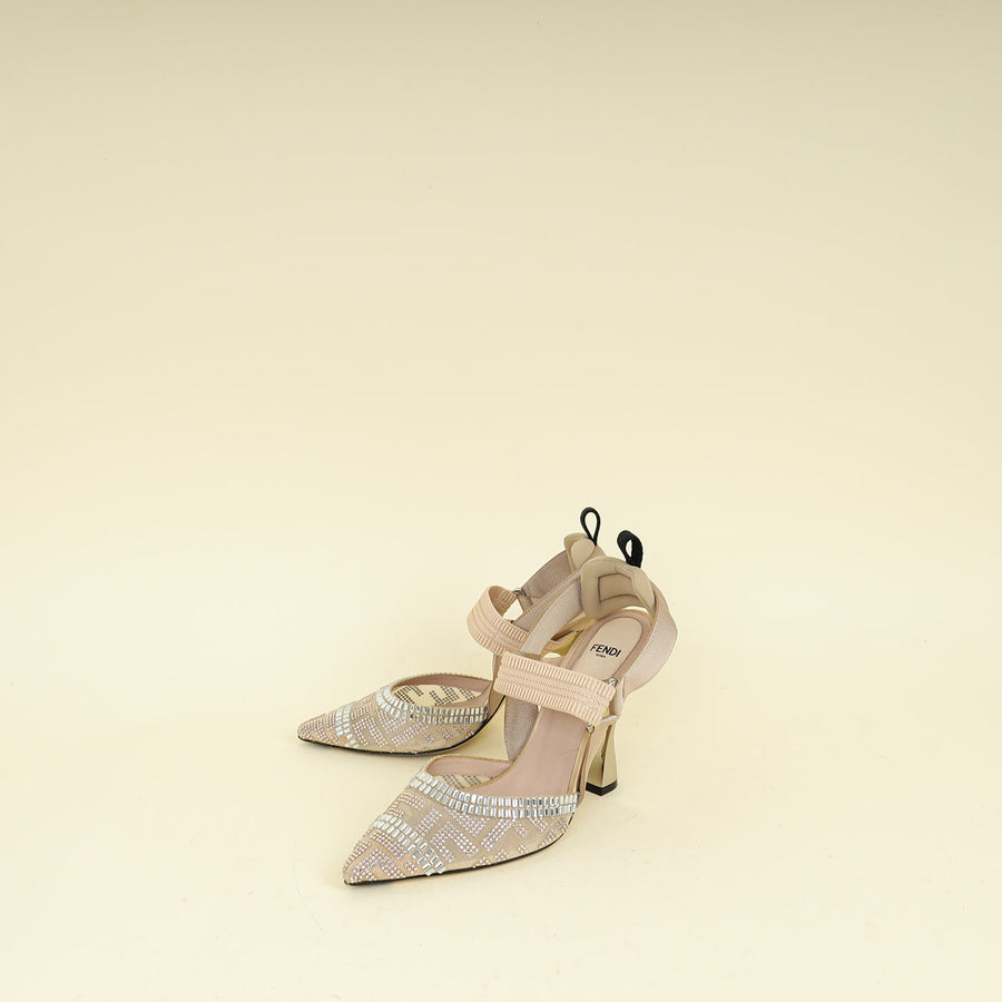 Fendi Beige Colibri Crystal Embellished Slingback Pump 38