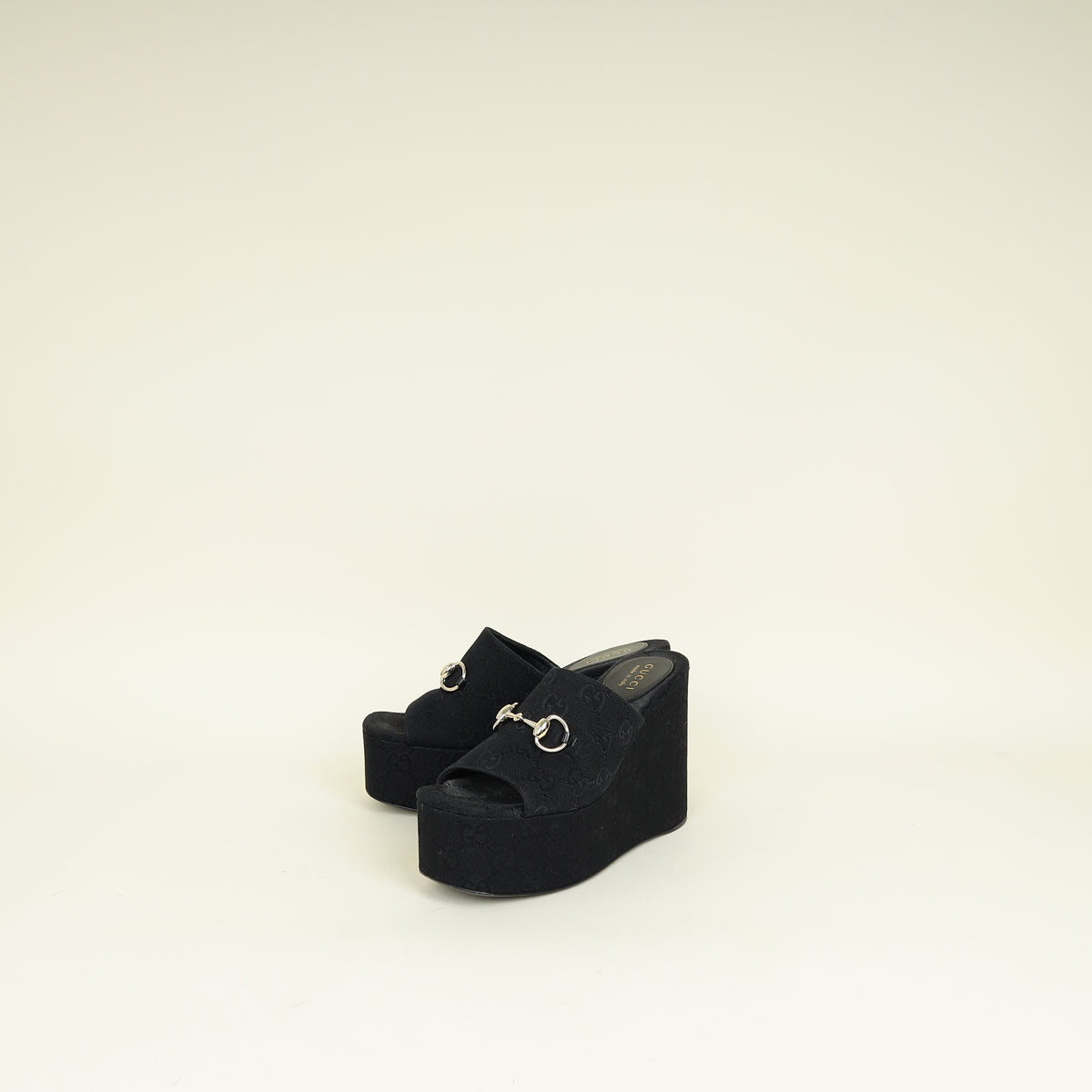 Gucci Black GG Horsebit Wedge Sandal 37