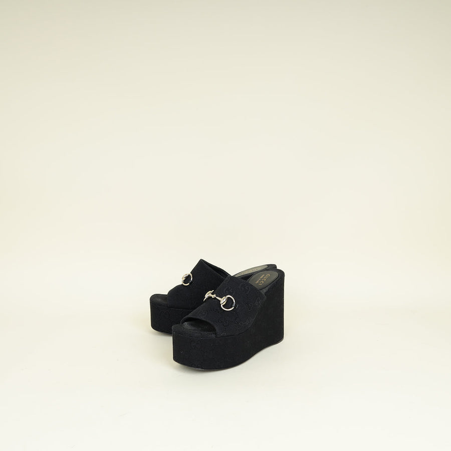 Gucci Black GG Horsebit Wedge Sandal 37
