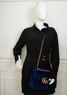 Gucci Dark Blue GG Marmont Velvet Large Shoulder Bag