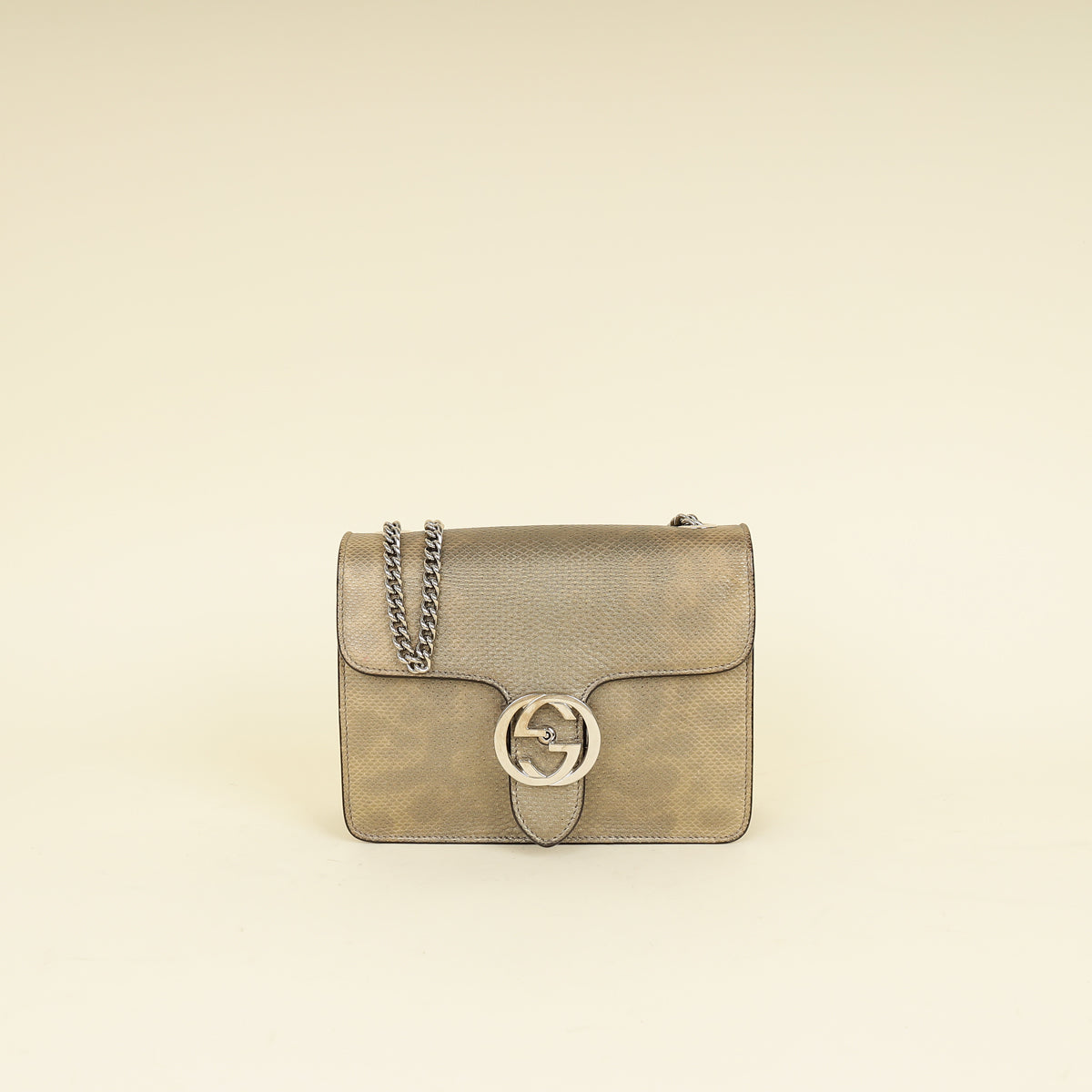 Gucci Metallic Olive Lizard Interlocking G Flap Chain Shoulder Bag