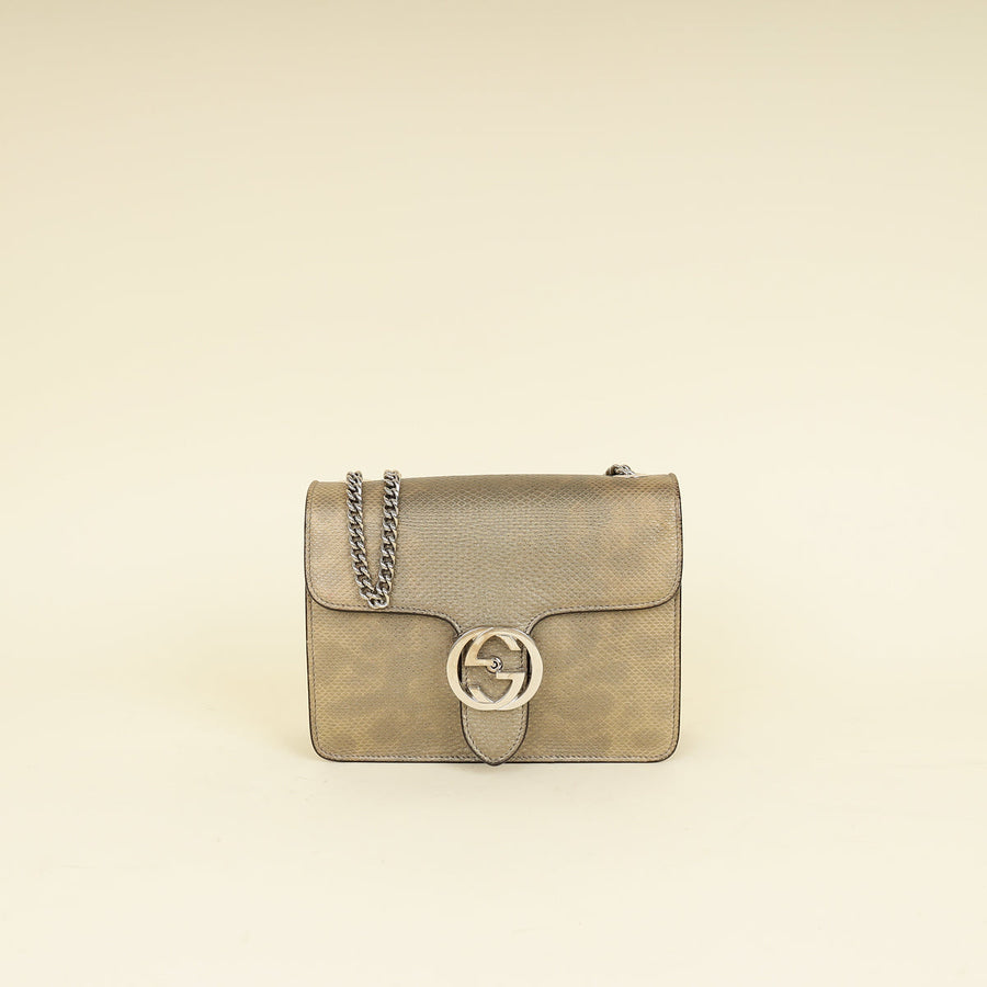 Gucci Metallic Olive Lizard Interlocking G Flap Chain Shoulder Bag