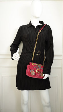 Gucci Dark Pink GG Marmont Velvet Embroidered Shoulder Bag