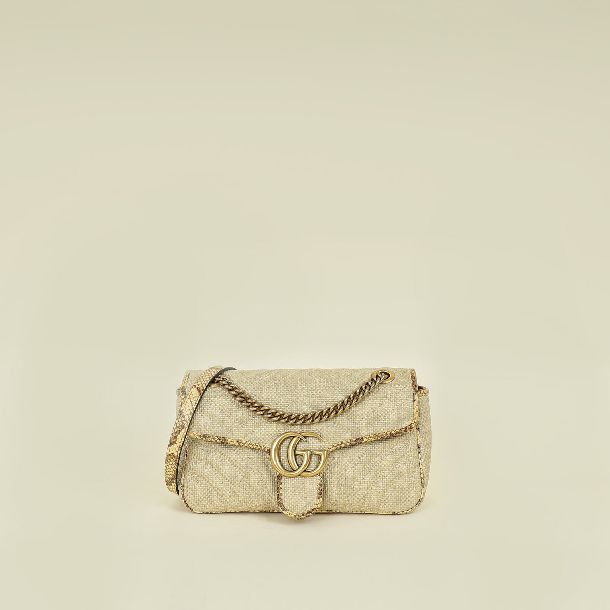 Gucci Beige Natural GG Marmont Raffia Python Medium Shoulder Bag