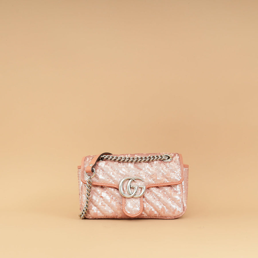 Gucci Pink Sequins GG Marmont Flap Small Shoulder Bag