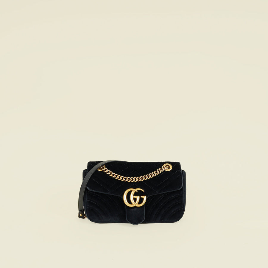 Gucci Black Velvet GG Marmont Medium Shoulder Bag