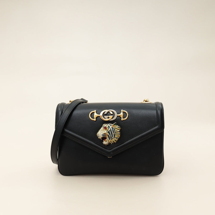Gucci Black Rajah Medium Vitello Palmellato Lux Crystal Shoulder Bag