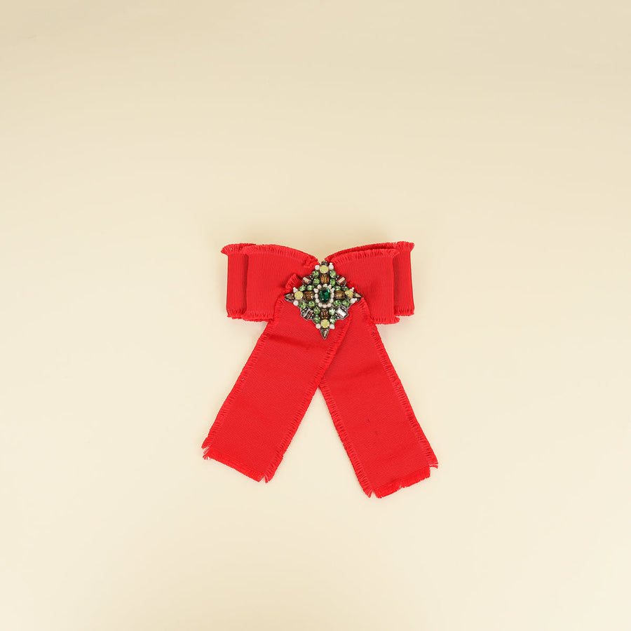 Gucci Red Grosgrain Crystal Bow Brooch