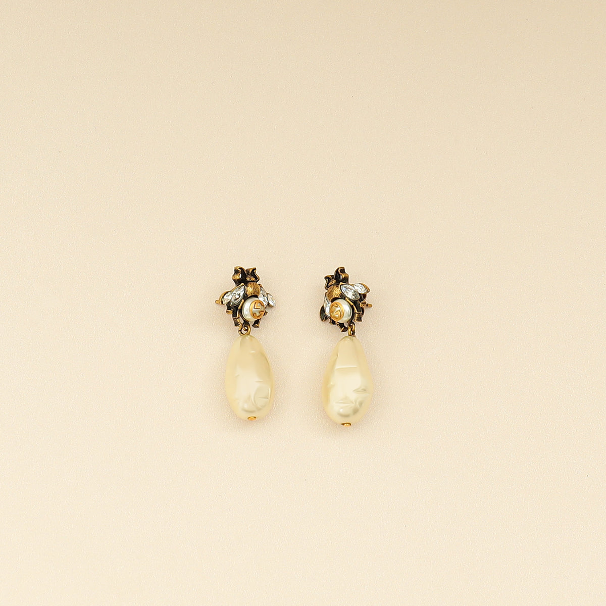 Gucci Aged Gold Finish GG Crystal Pearl Drop Bee Earrings