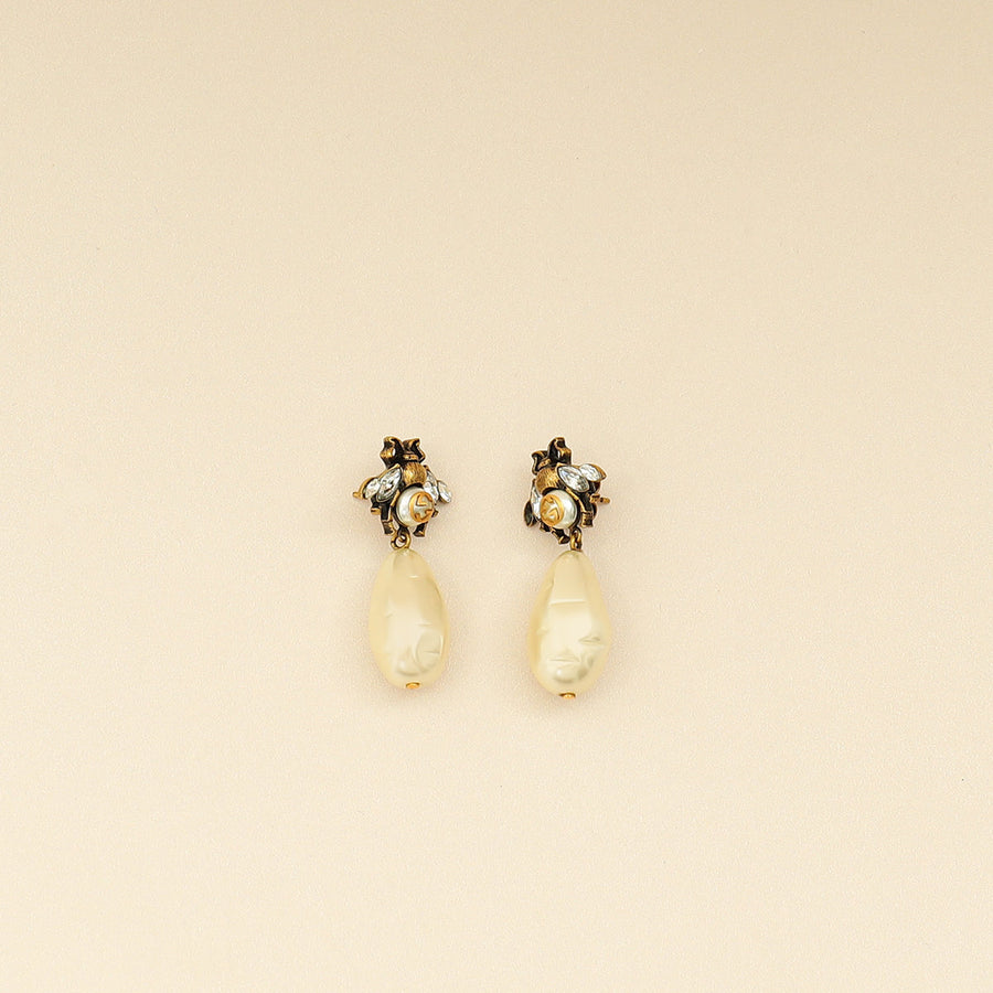 Gucci Aged Gold Finish GG Crystal Pearl Drop Bee Earrings