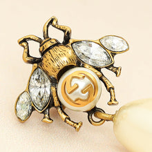 Gucci Aged Gold Finish GG Crystal Pearl Drop Bee Earrings