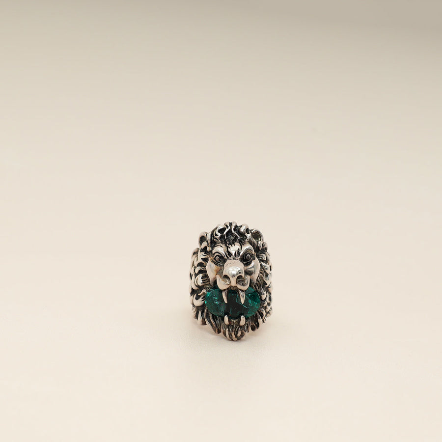 Gucci Silver Green Crystal Lion Head Ring 19