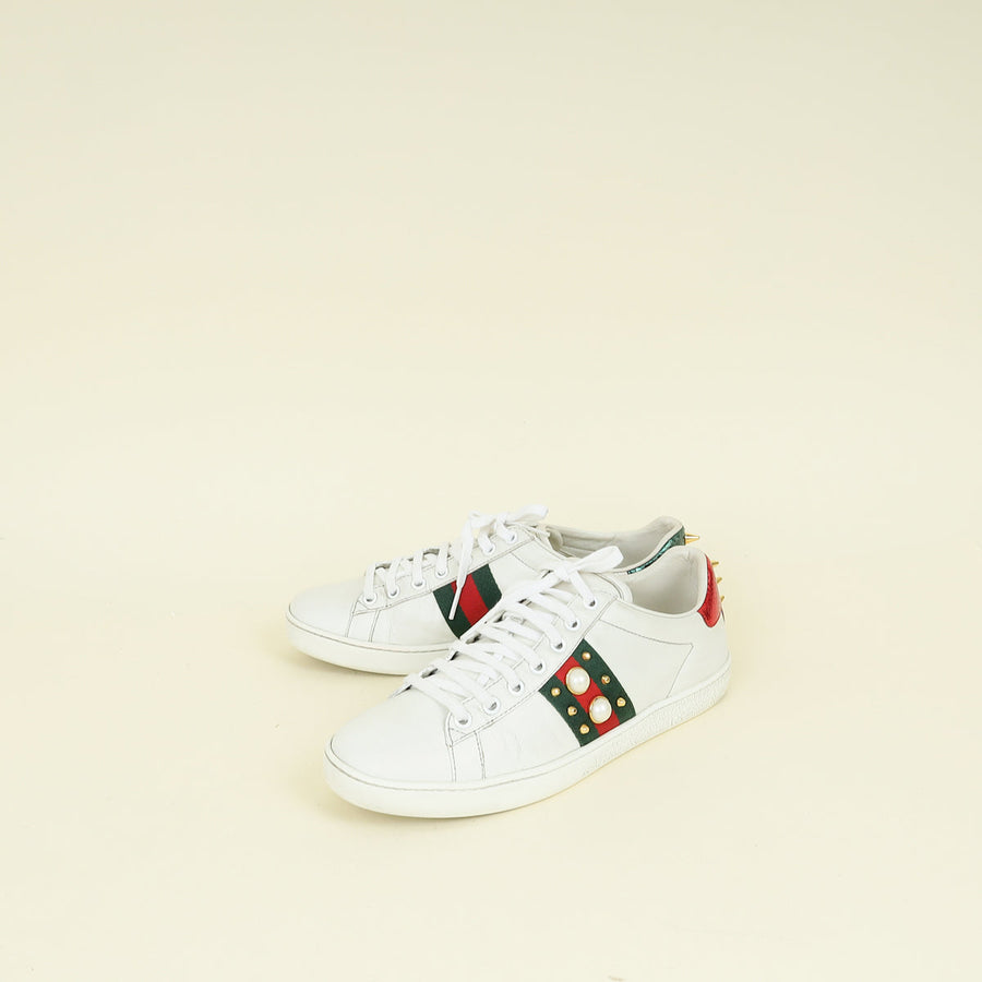 Gucci White Pearl Spike Ace Sneakers 38