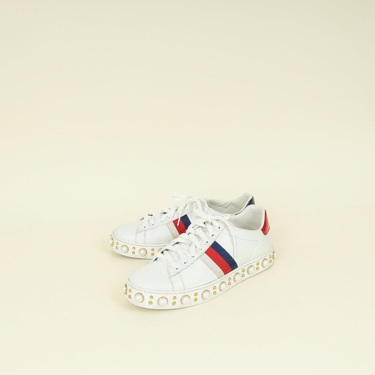 Gucci White Pearl Studded Ace Sneakers 38
