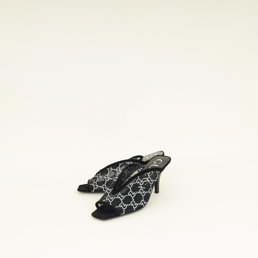 Gucci Black GG Crystal Embellished Mesh Mules 38