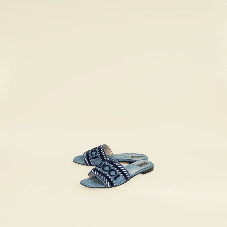 Gucci Blue Logo Embroidered Slide Sandals 41.5