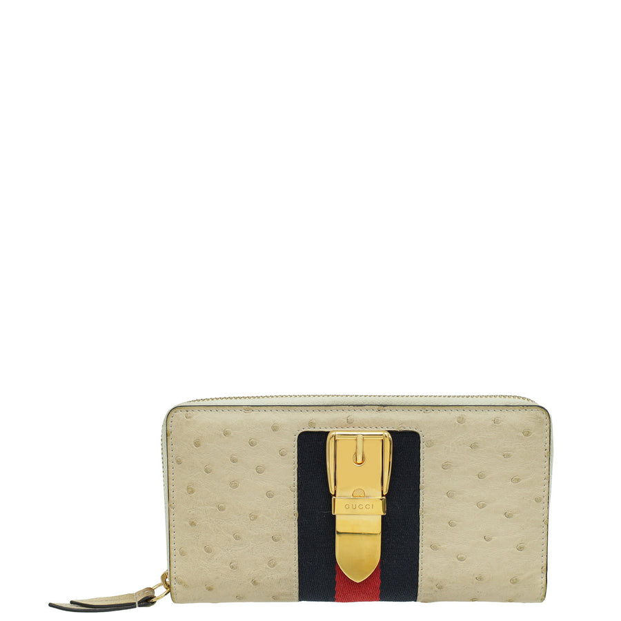 Gucci Beige Ostrich Sherry Line Sylvie Zip Around Wallet