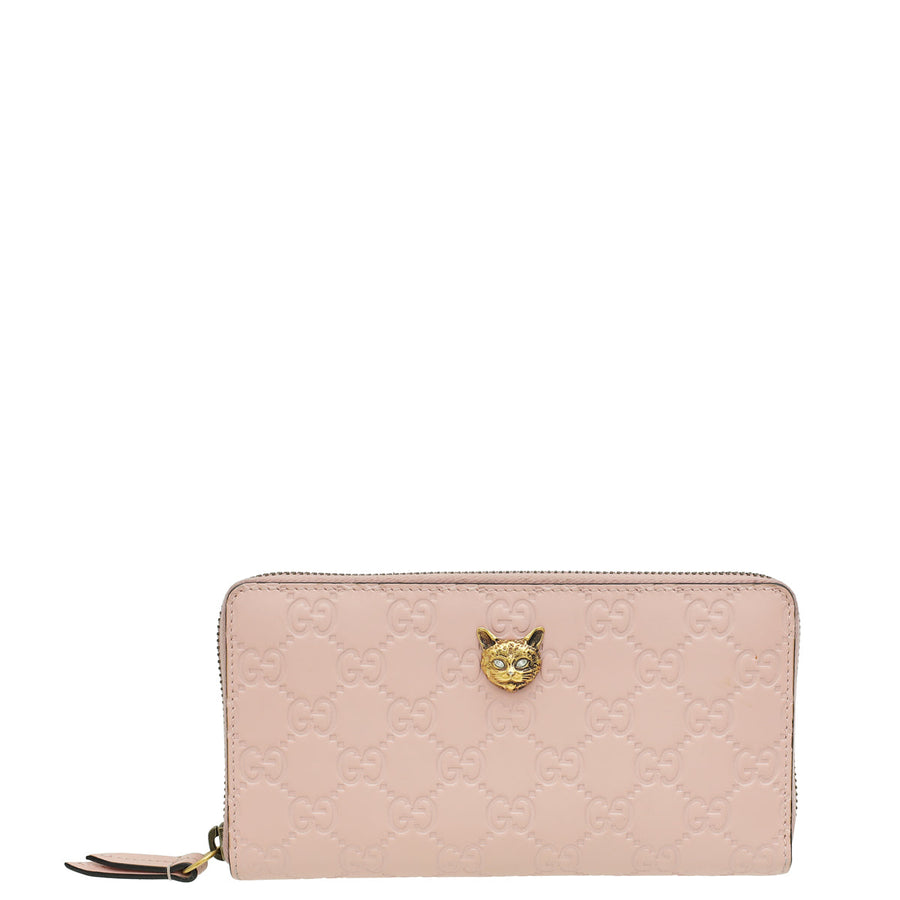 Gucci Pink Guccissima Crystal Cat Zippy Wallet