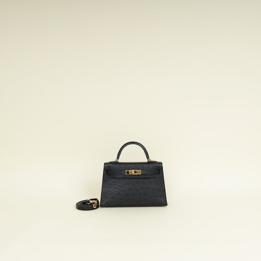 Hermes Noir Ostrich Mini Kelly Sellier 20 Bag