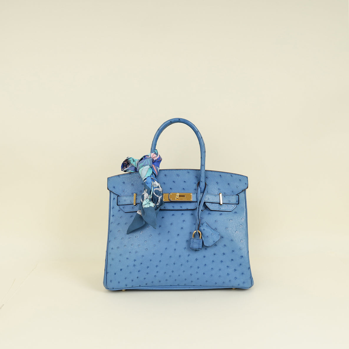 Hermes Bleu Mykonos Birkin 30 Ostrich Bag with 2 Twilly