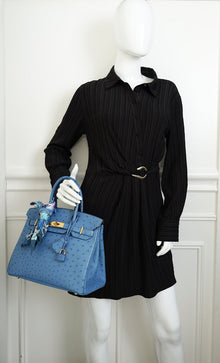 Hermes Bleu Mykonos Birkin 30 Ostrich Bag with 2 Twilly